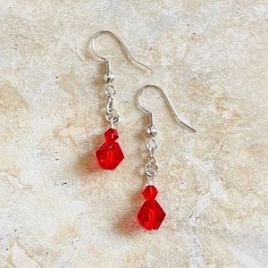 Hand Crafted Red Glass Dangle Earrings Deep Red Color Bicone Glass Earrings